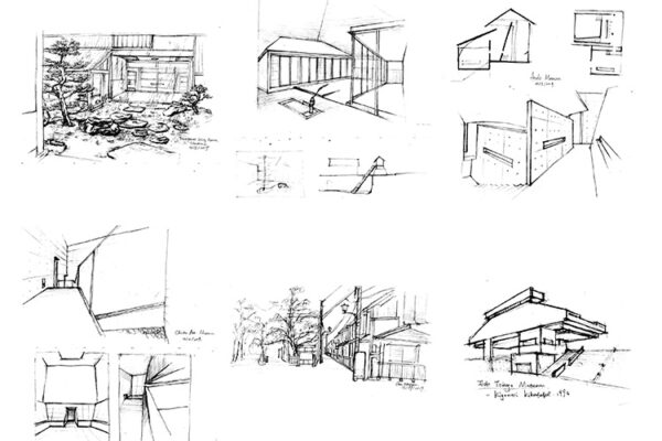 A collection of six architectural sketches of modern buildings, some showing Japanese influences.