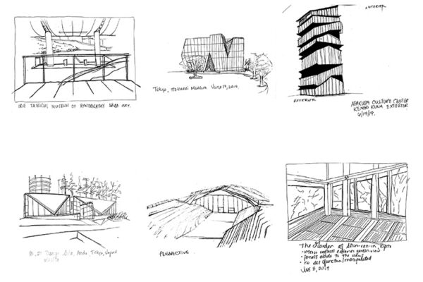 Six architectural sketches and notes from a visit to several buildings in Japan.