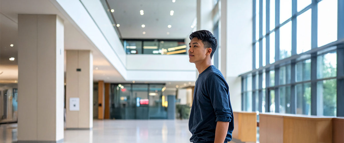 A young man in the lobby of a building