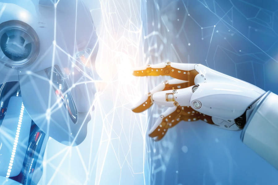 A robotic head behind a mesh force field. While a robot hand touches the force feild