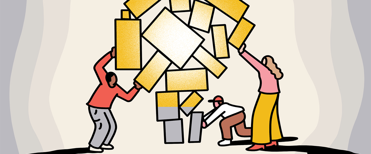 Graphic of three people building a lightbulb