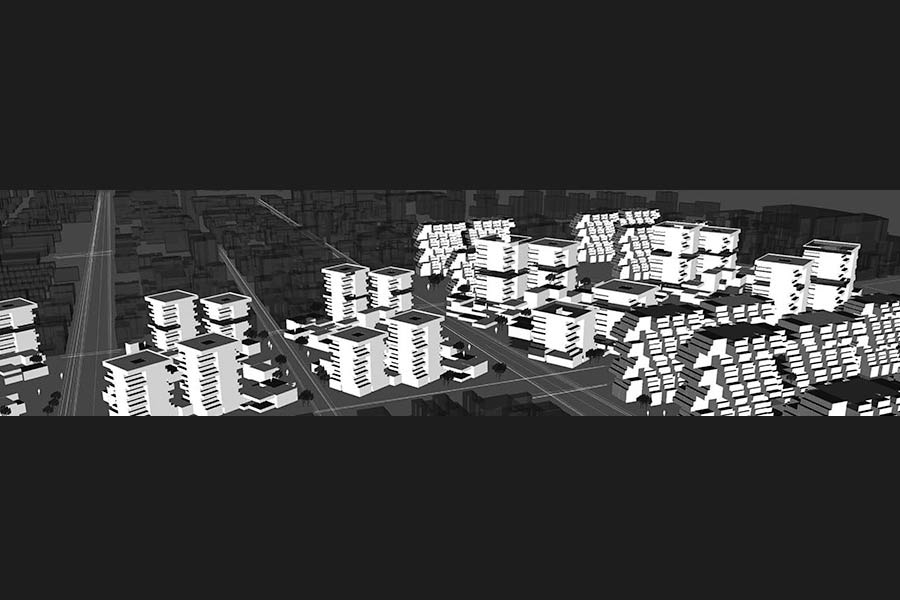 A black and white render of buildings