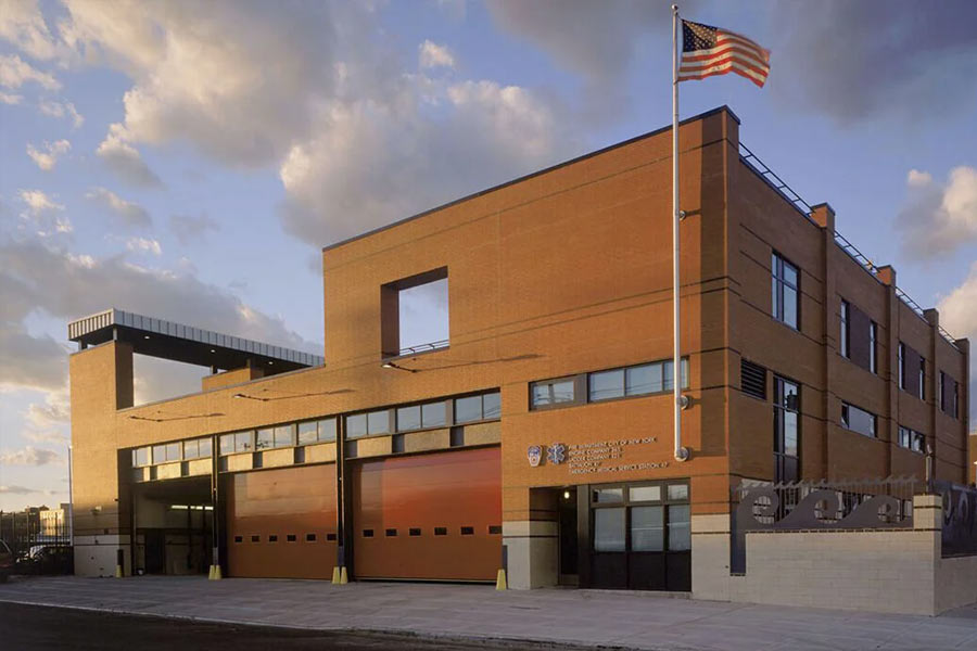 A geometric brick building exterior