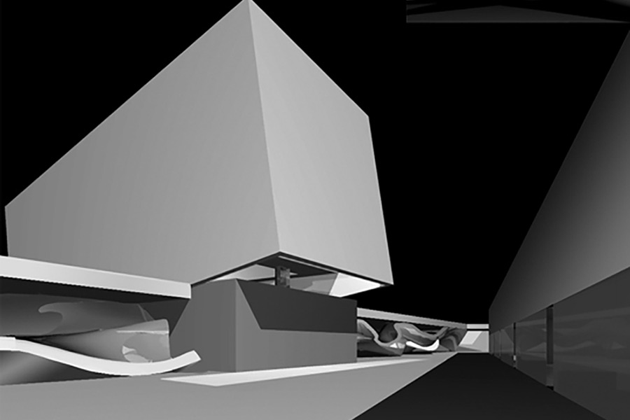 3D rendering of buildings in a dark space
