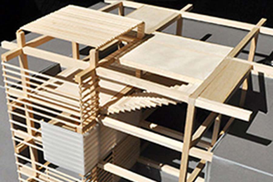 A computer rendering of a wood building during construction