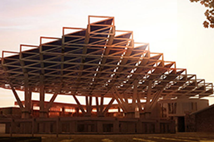 A large metal structure in a triangle shape