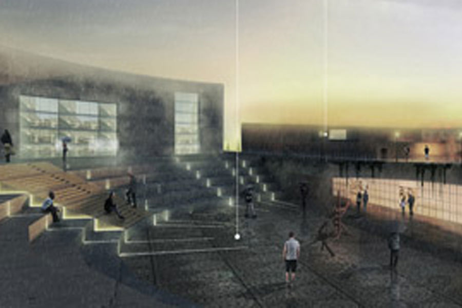 A rendering of a courtyard between buildings