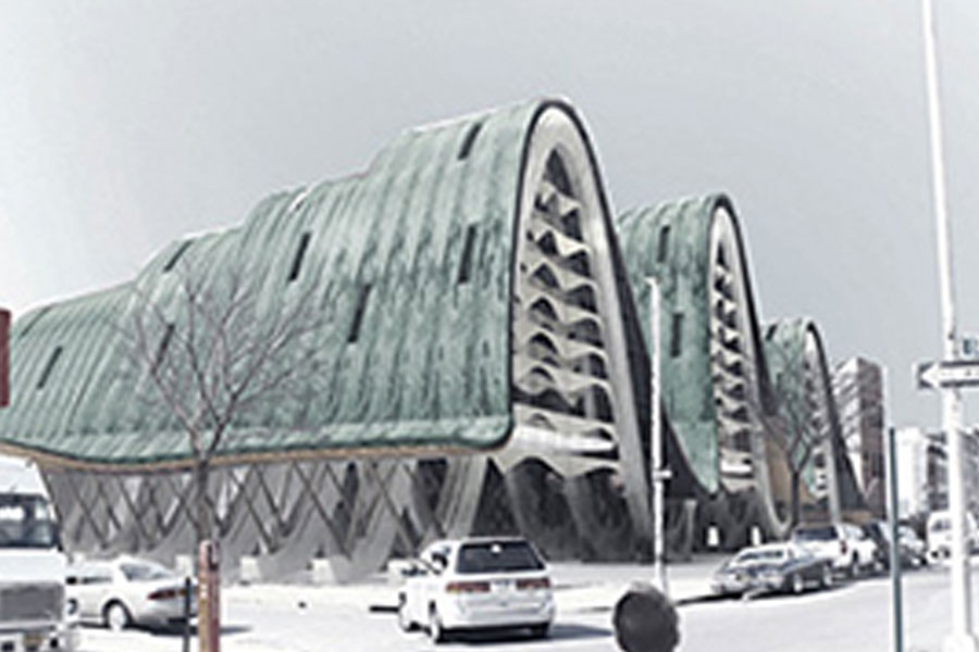 Rounded a frame buildings in a city