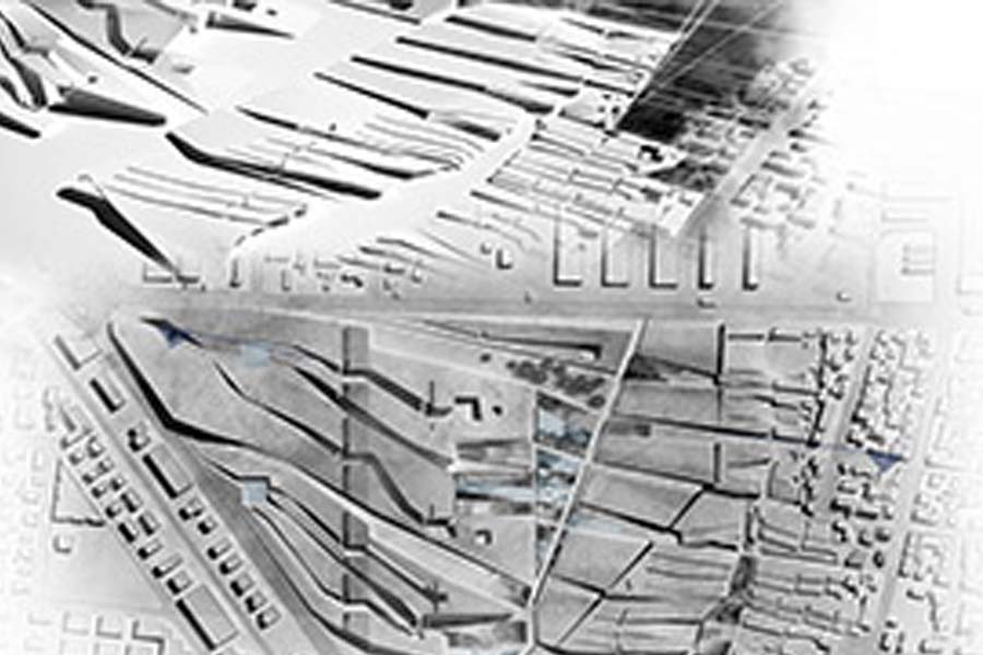 A sky view of a small city layout