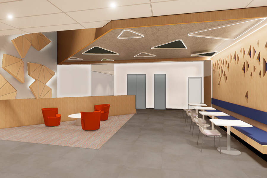 A 3D rendering of a room with triangle light fixtures and multiple seating areas.