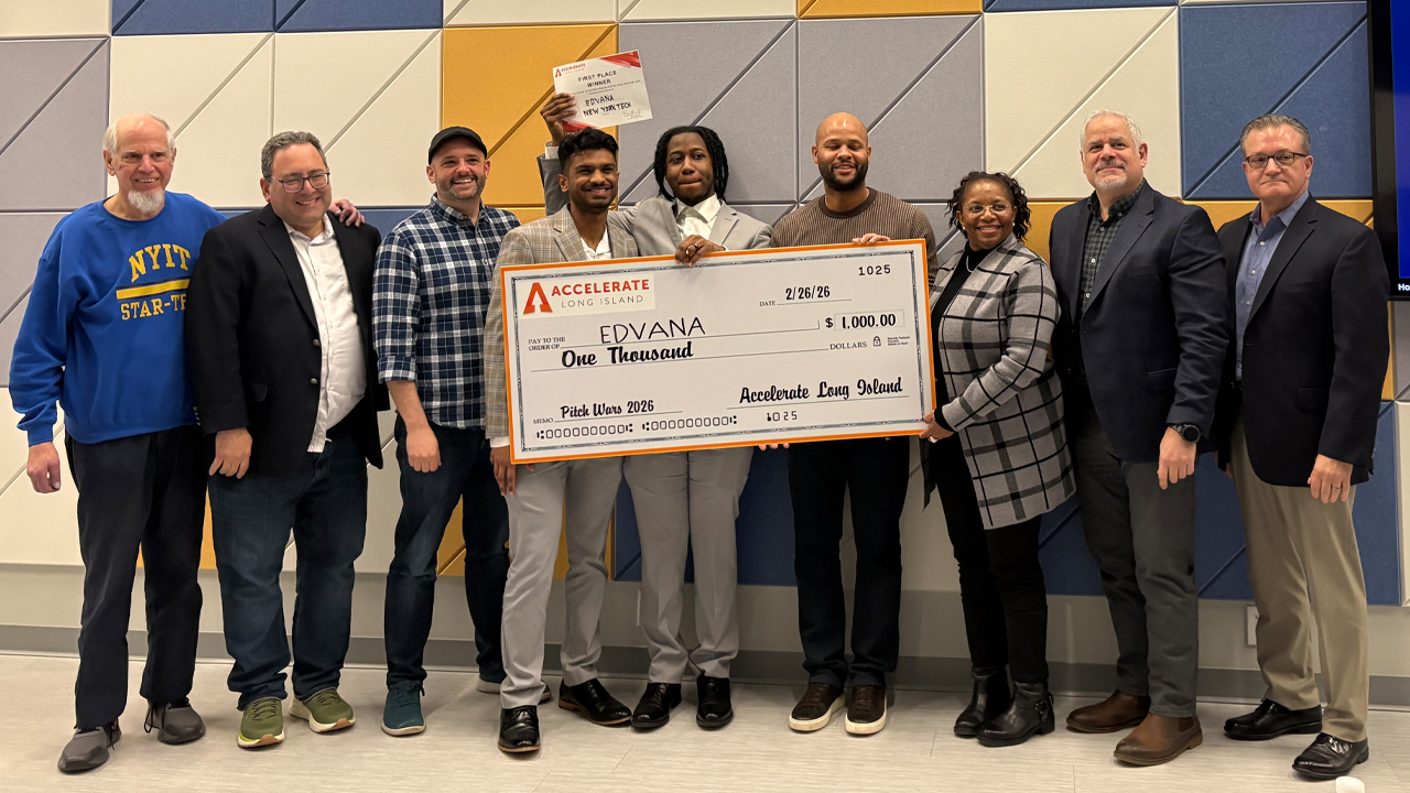 Students standing with judges holding a large check
