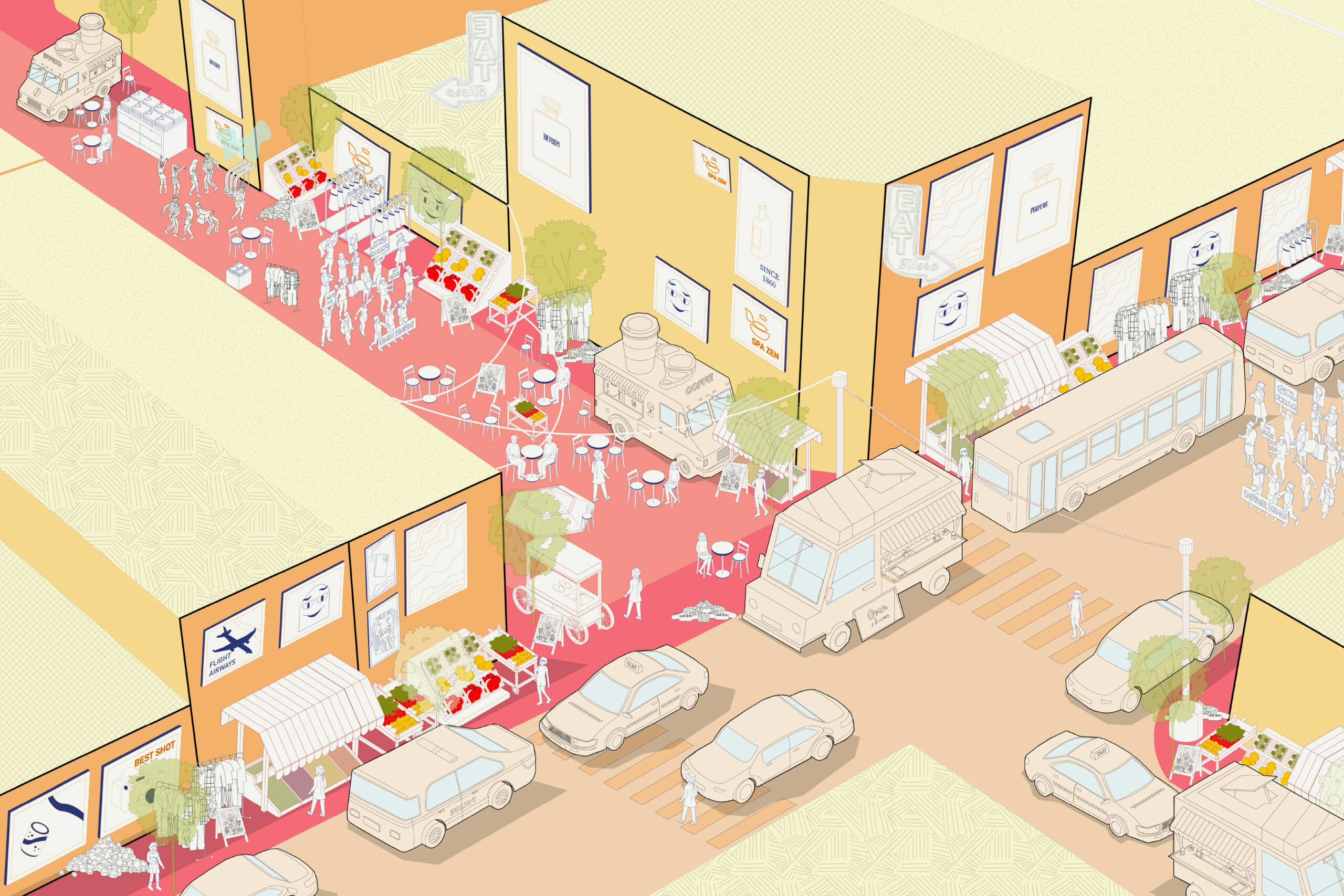 Architectural rendering of cross street with buildings, people, cars, and trucks