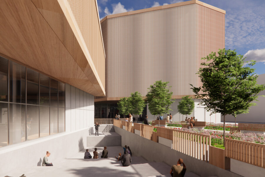 Architectural rendering of the outside of a theater