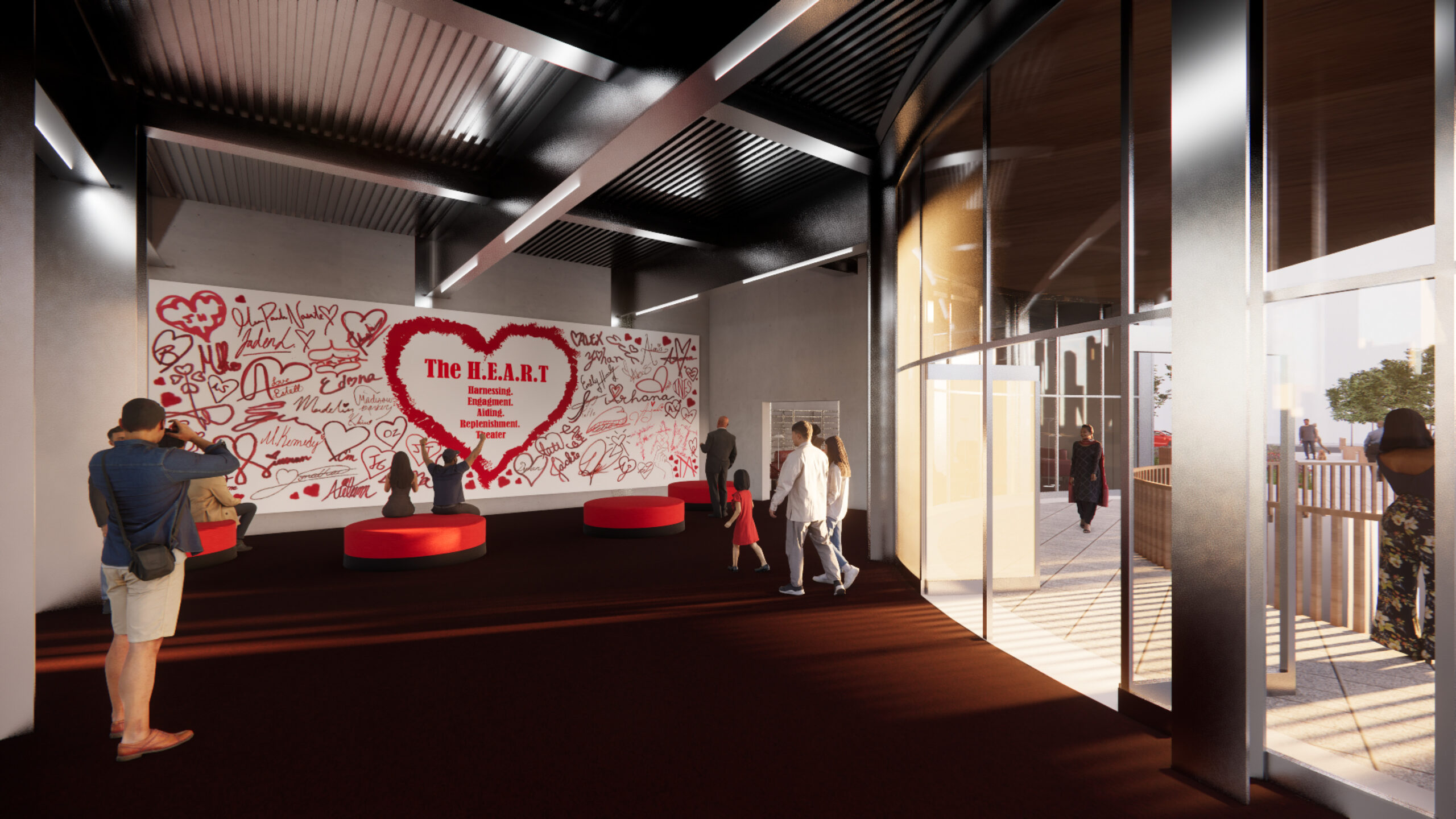 Rendering of the interior of a theater with a mural of a heart and signatures on the wall