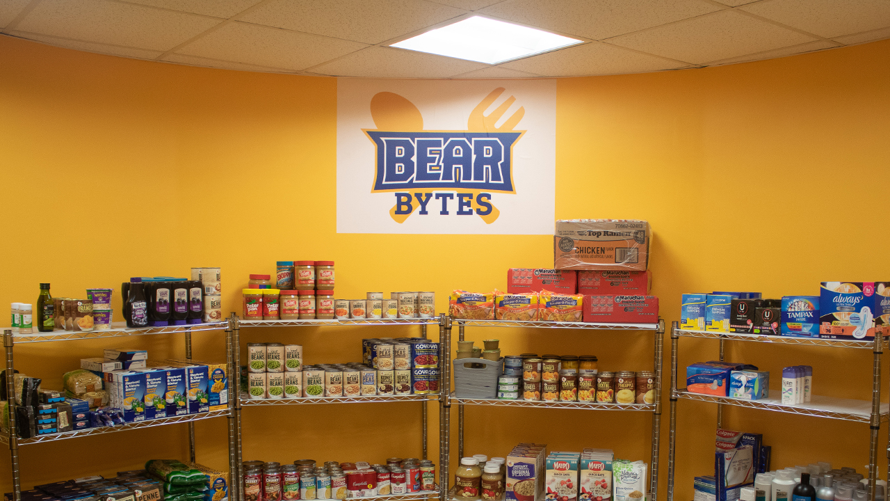 Canned goods on shelves with Bear Bytes sign above