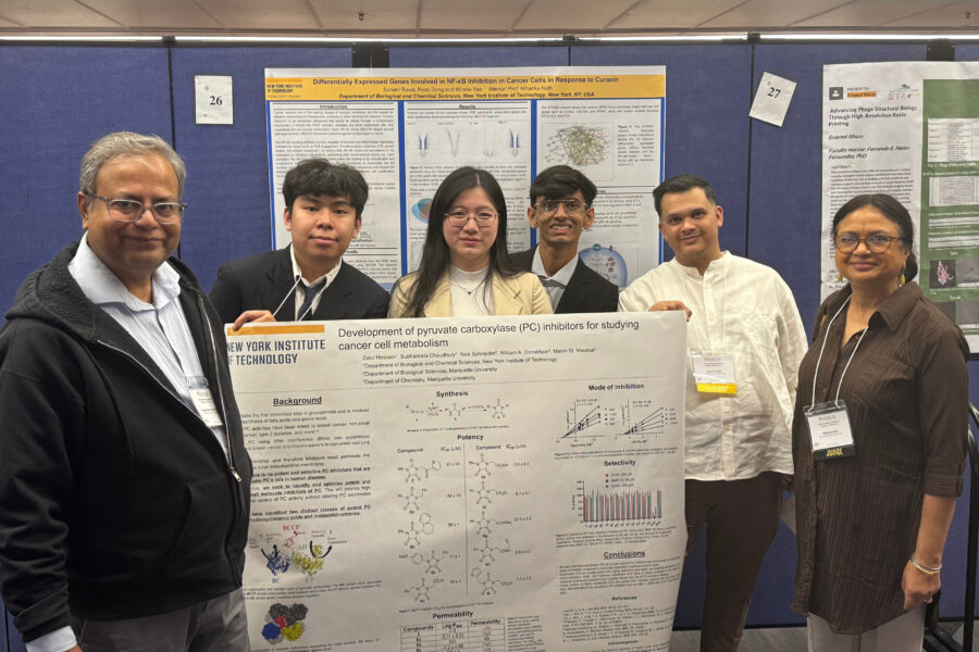 Students standing with their professors and research posters