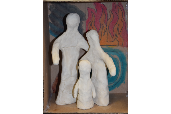clay, cardboard, acrylic paint