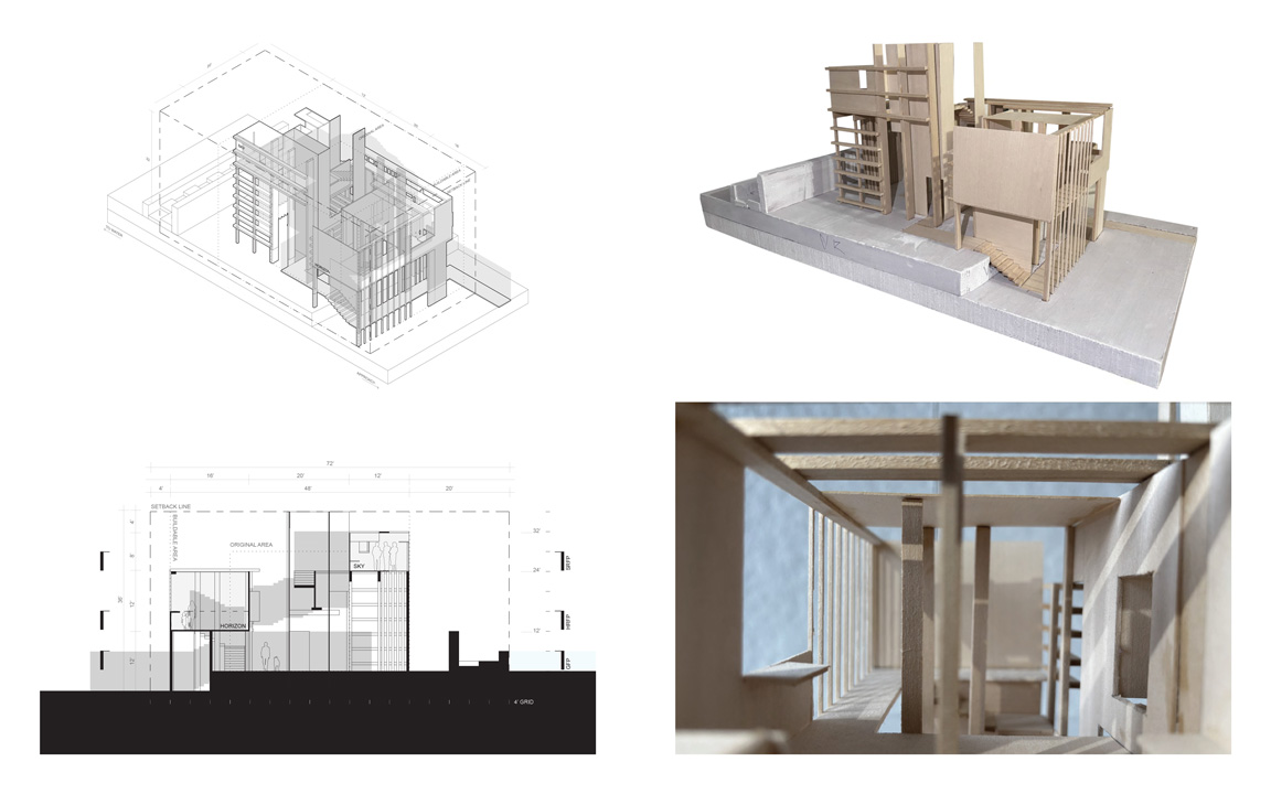 Isometric, Longitudinal Section, and Physical Model