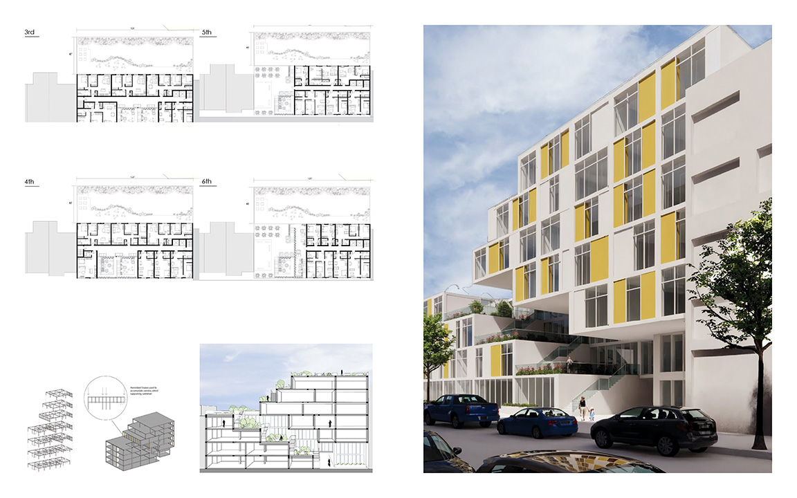 Floor Plans, Structural Diagram, Section and Rendering