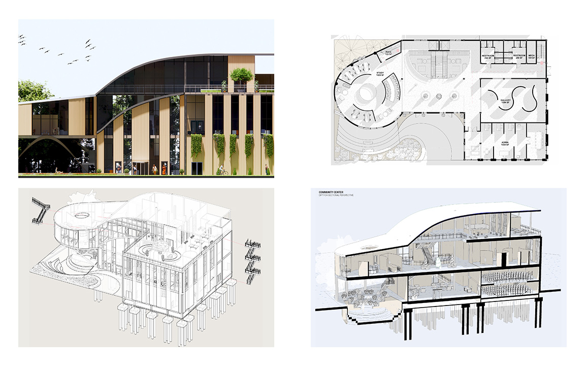 Rendering, Axonometric, Floor Plan and Section Perspective