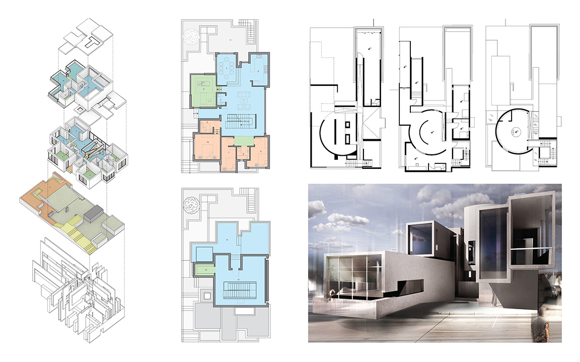 Pull-Apart Axonometric, Floor Plans and Rendering