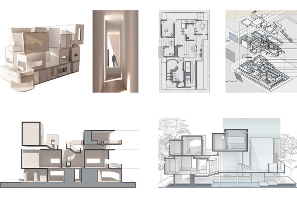 Physical Model, Rendering, Section Perspectives, Floor Plans, Pull-Apart Axonometrics
