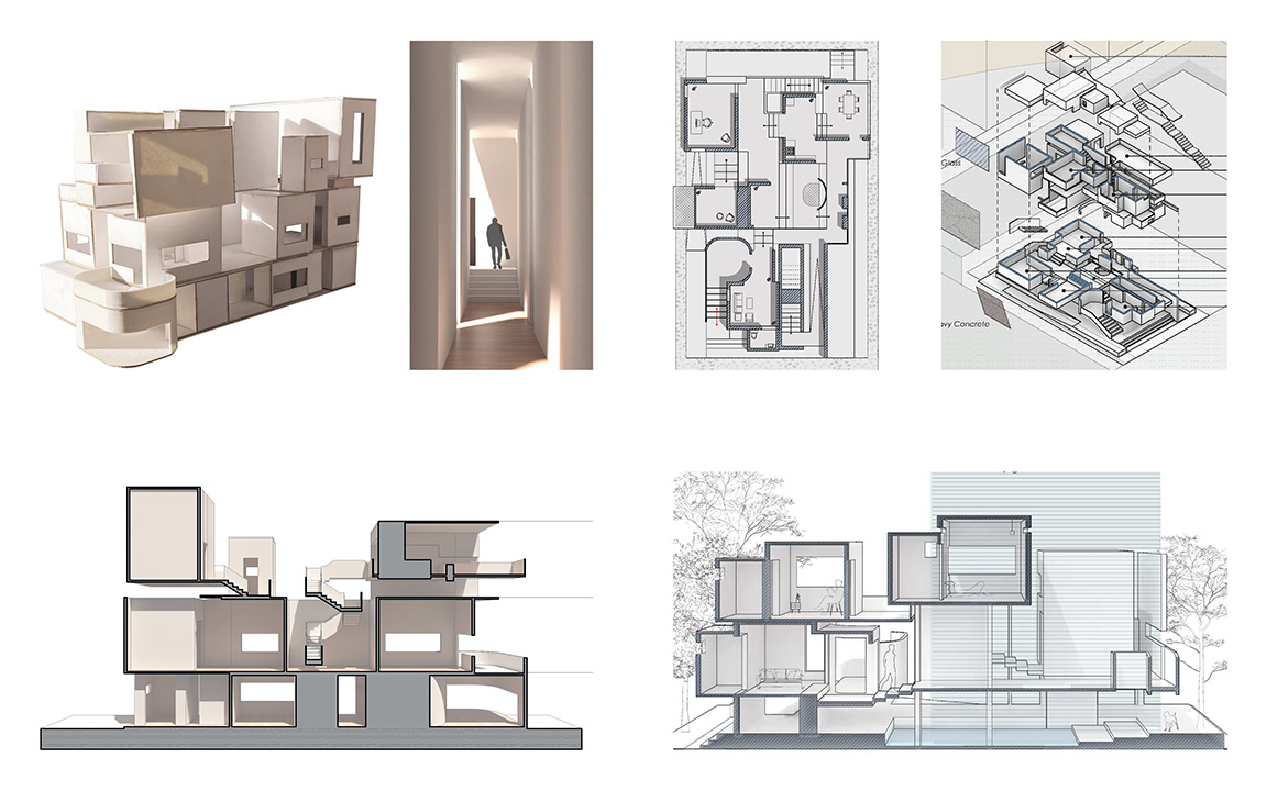 Physical Model, Rendering, Section Perspectives, Floor Plans, Pull-Apart Axonometrics
