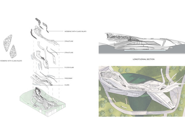 Pull-Apart Axonometric, Section and Site Plan