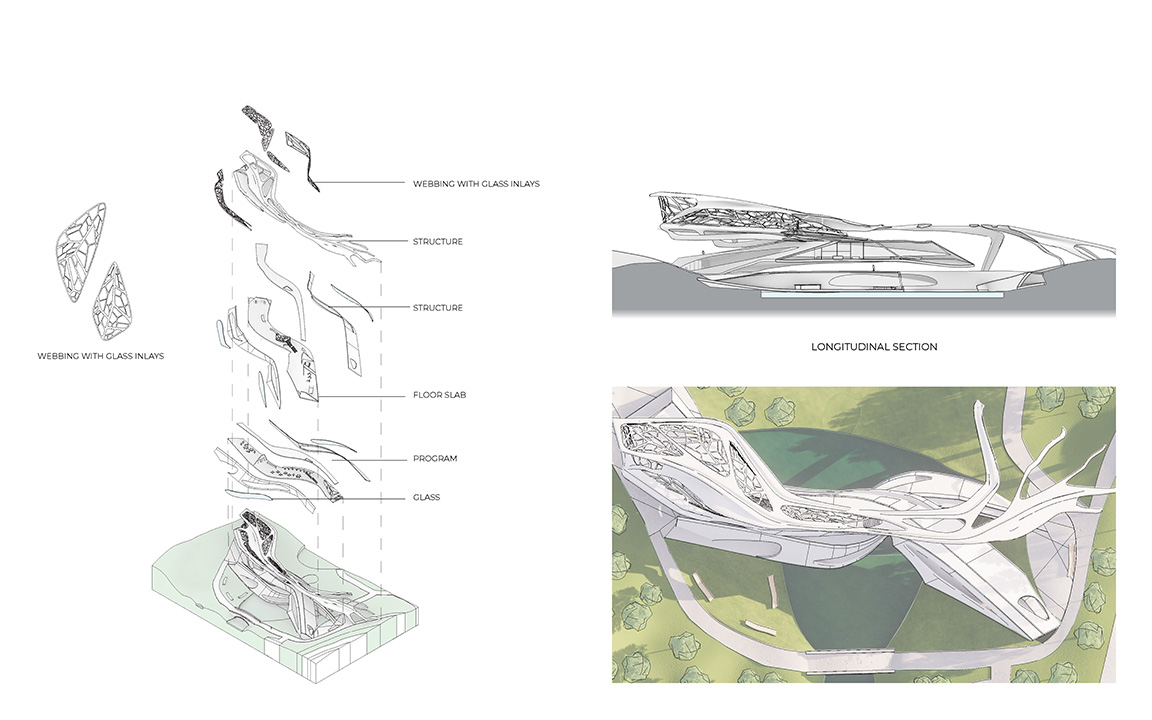 Pull-Apart Axonometric, Section and Site Plan