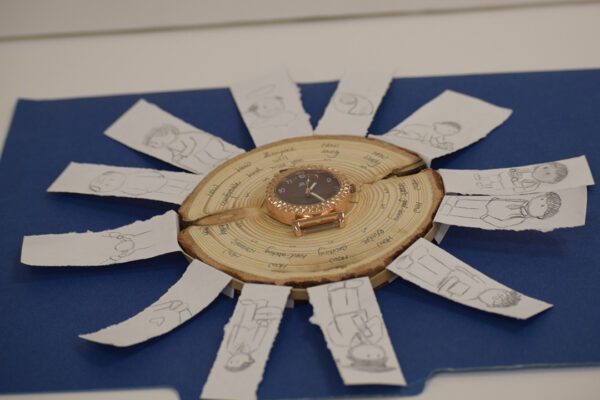 Wood, watch, paper, pencil