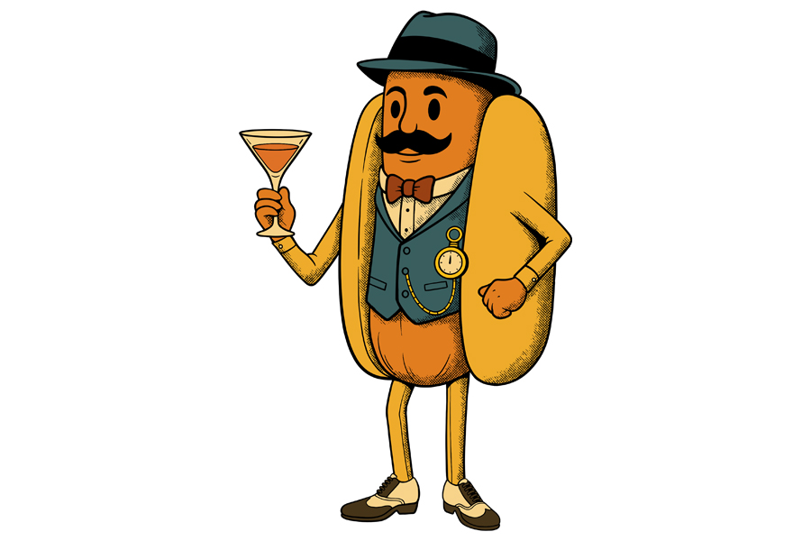 A hot dog wearing a vest bow tie and fedora