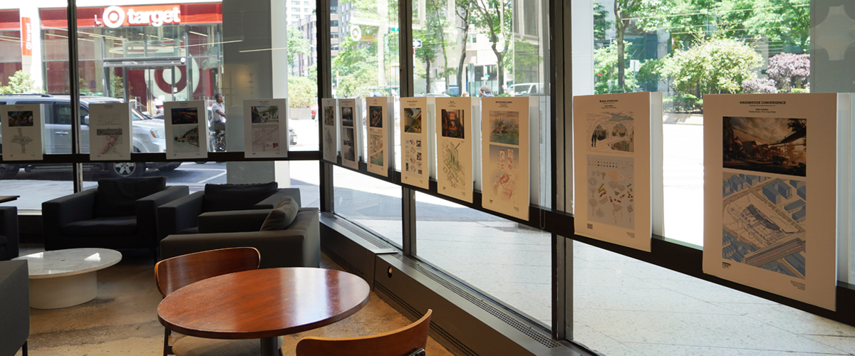 Posters lined up against windows