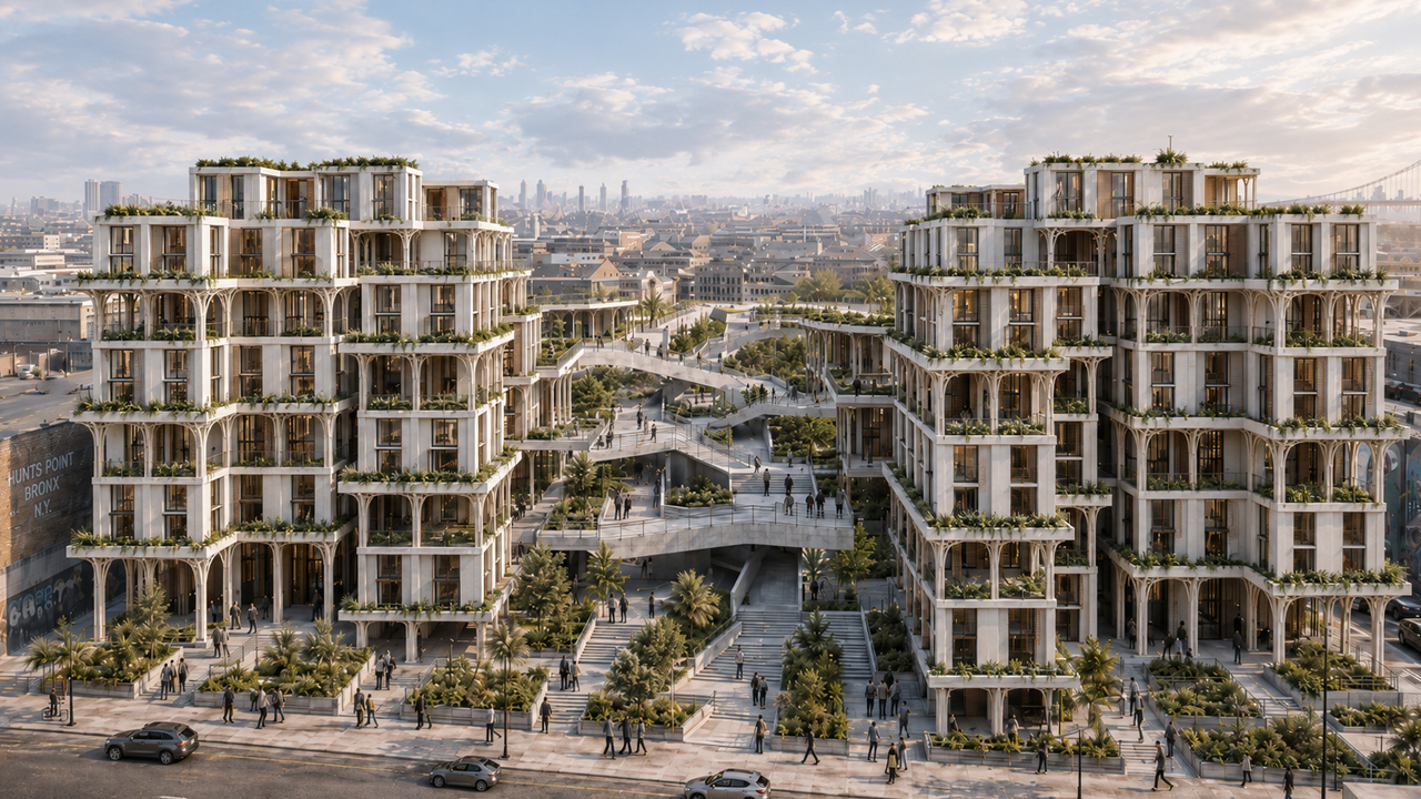 Architectural rendring of two buildings in a city