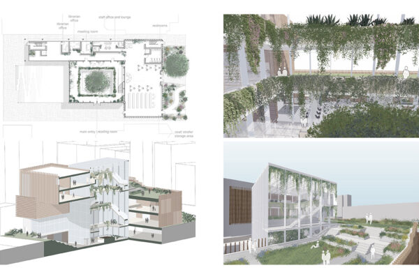 Floor Plan, Isometric Section, and Views of the Library