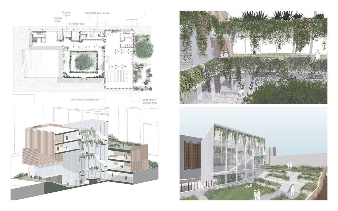 Floor Plan, Isometric Section, and Views of the Library