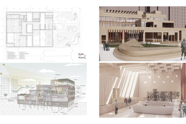 Floor Plan, Environmental Section, and Views of the Library
