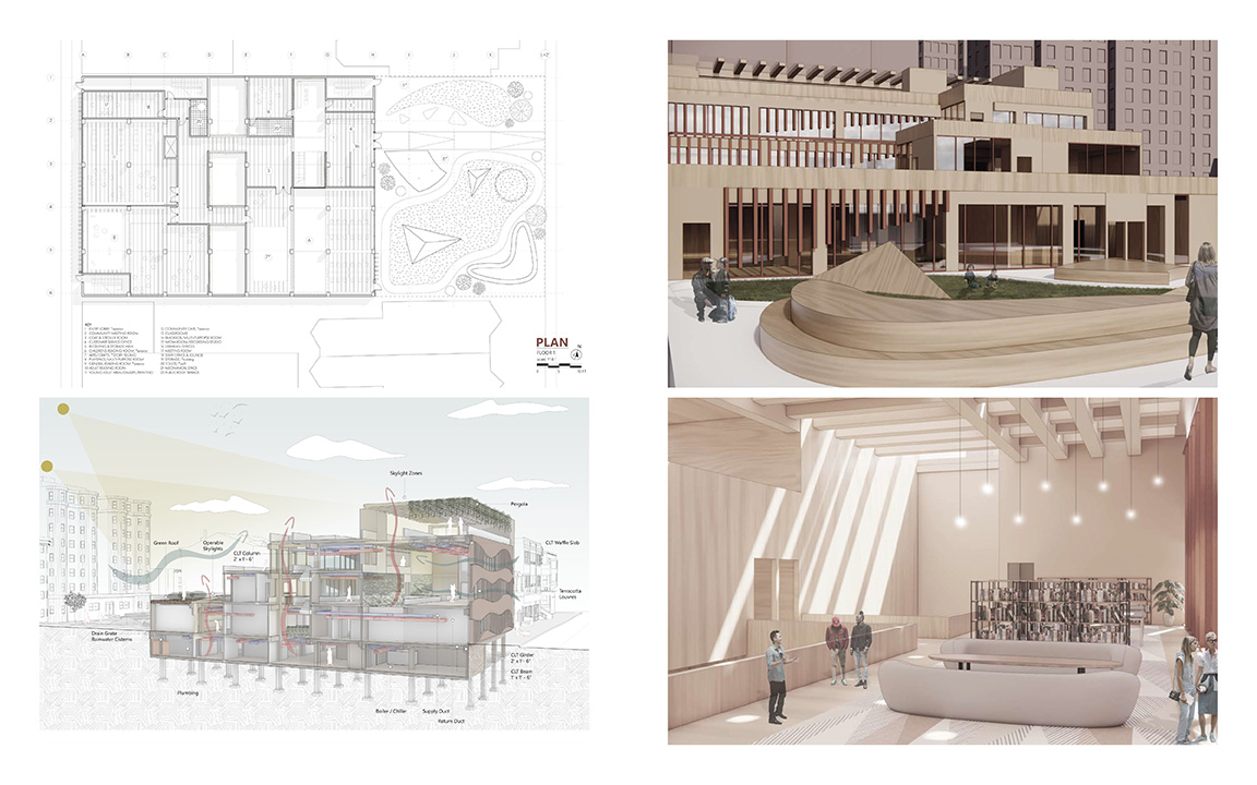 Floor Plan, Environmental Section, and Views of the Library