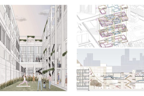 View of the Interior Courtyard, Exploded Isometric, and Environmental Section