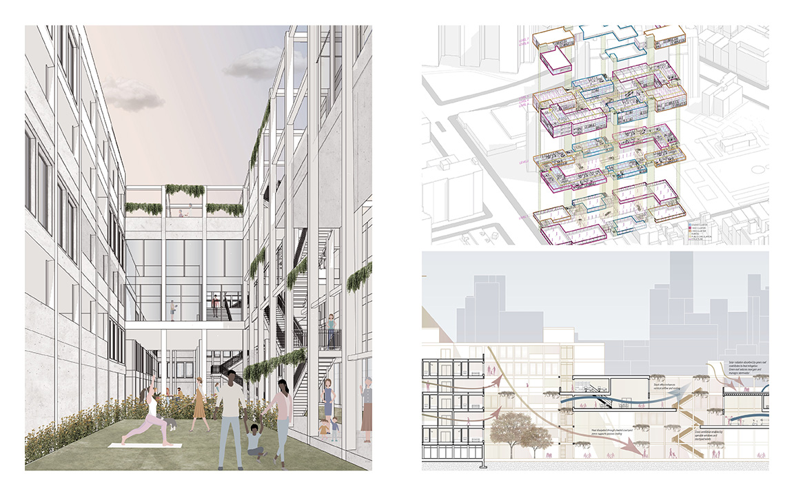 View of the Interior Courtyard, Exploded Isometric, and Environmental Section