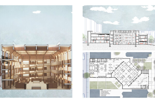 Rendered Section Perspective, Longitudinal Section, and Floor Plan