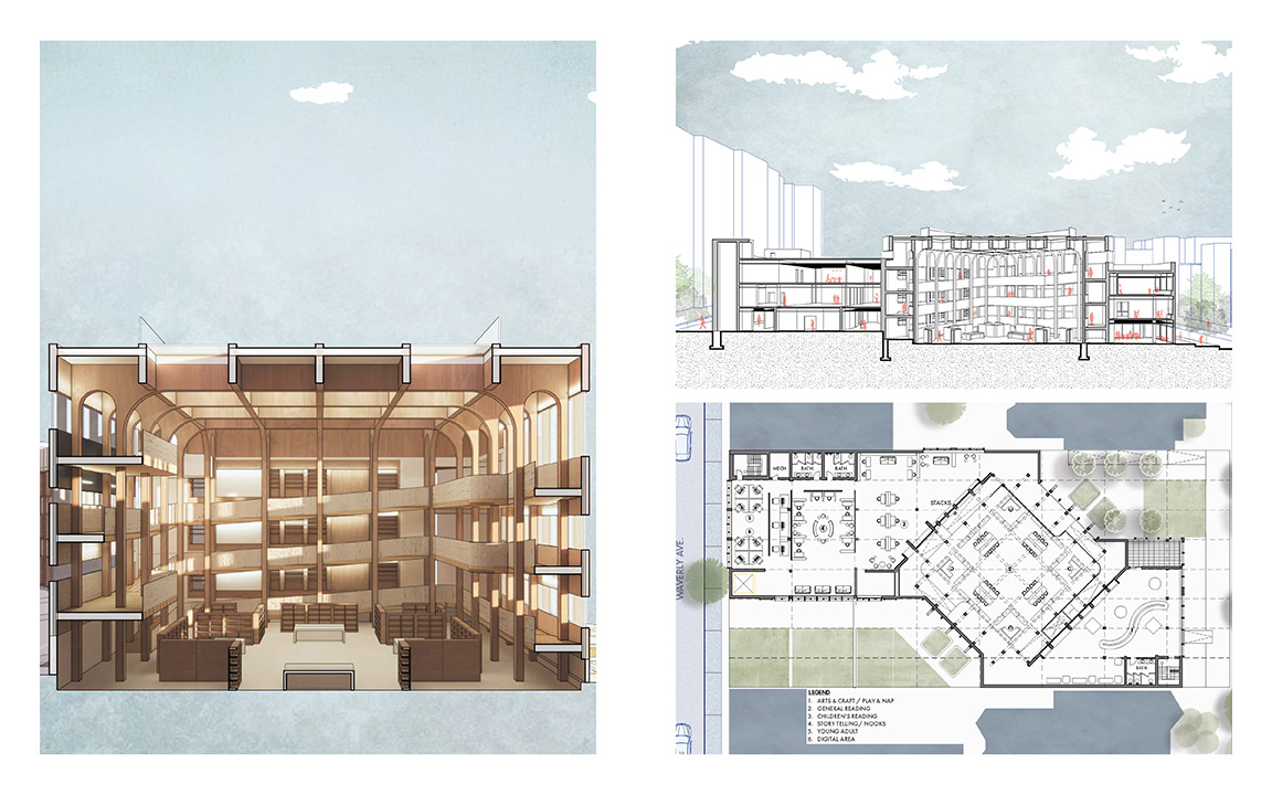 Rendered Section Perspective, Longitudinal Section, and Floor Plan