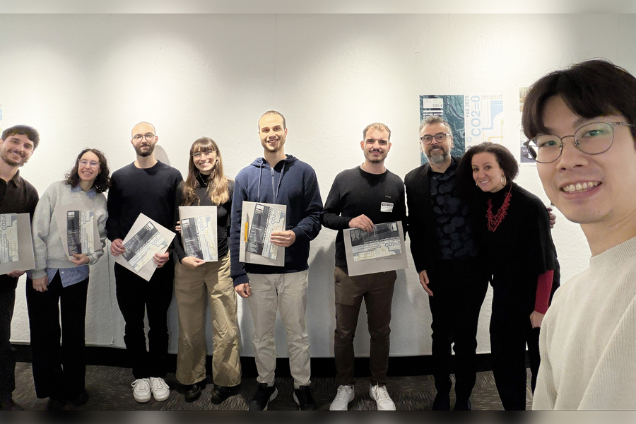 Faculty with students holding sketches