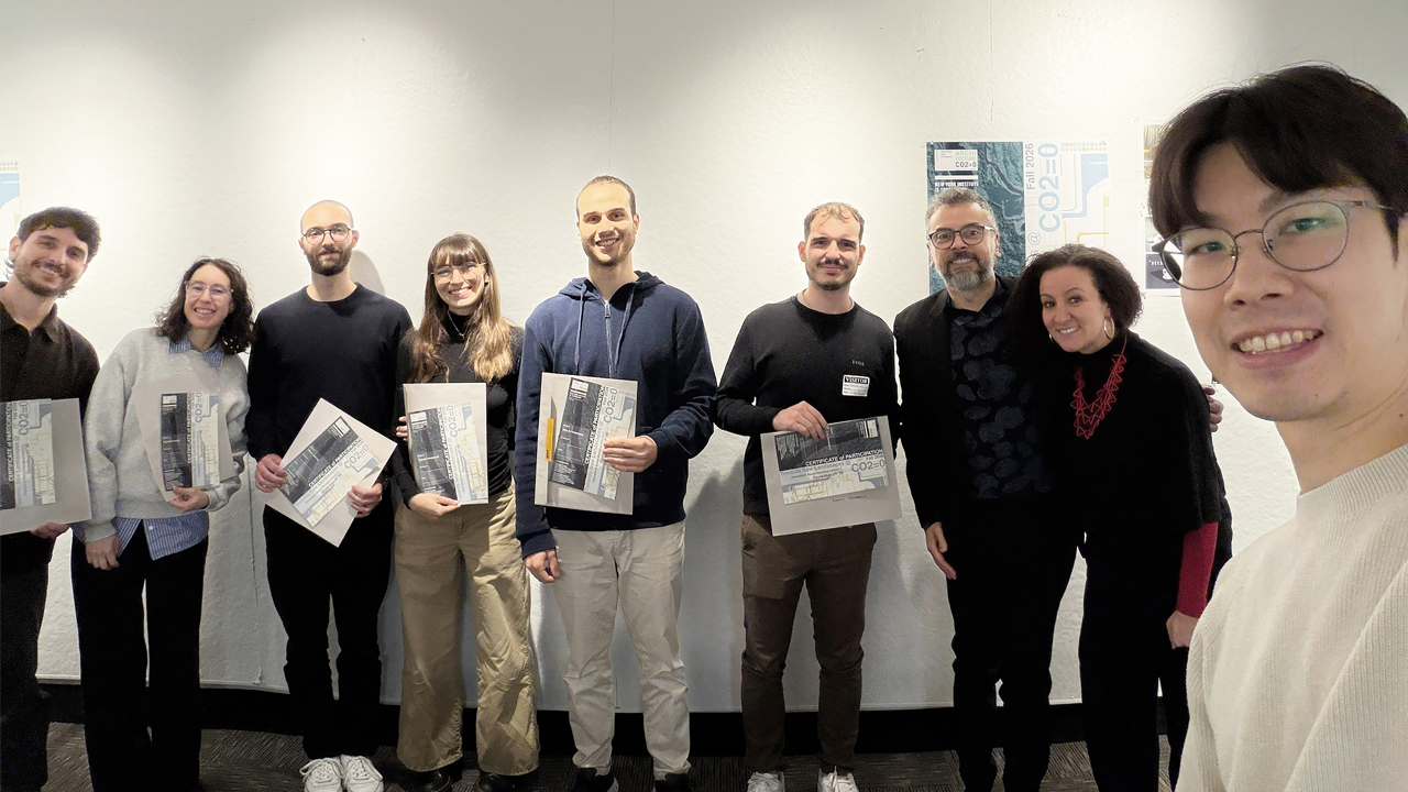Faculty with students holding sketches