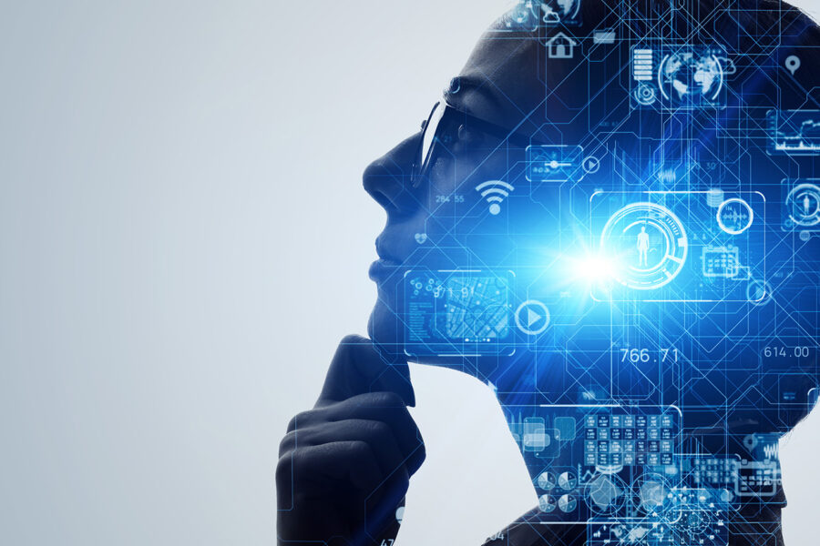 a female with glasses in profile holding her hand up to her chin. This image has an overlay of technology.