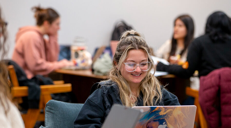 Students study in a lounge.