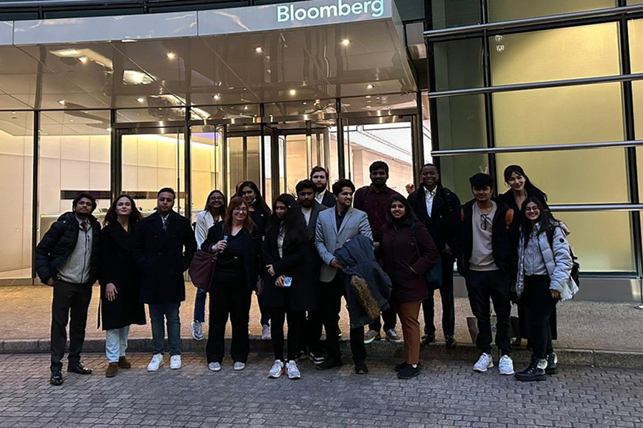 Students in front of Bloomberg's offices in New York City